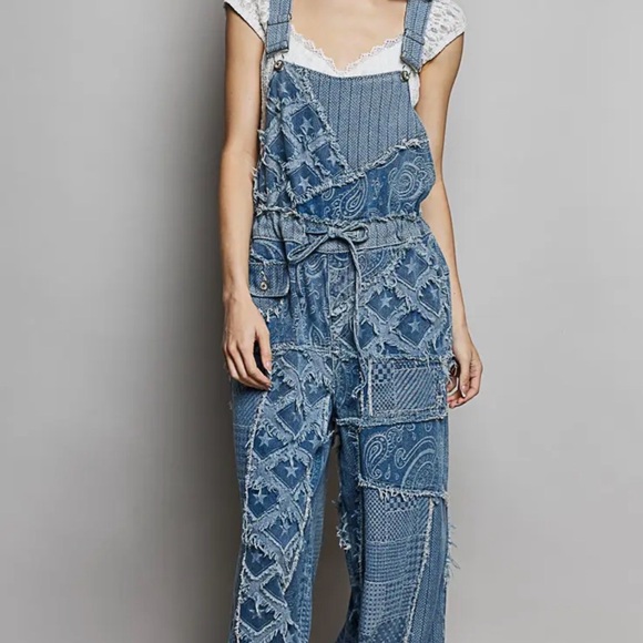 NWT POL Blue Patchwork Overalls - Picture 2 of 4
